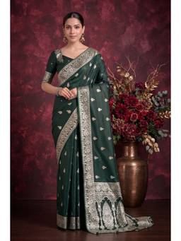 Monjolika Fashion - Dark Green Zari Woven Soft Banarasi Silk Saree