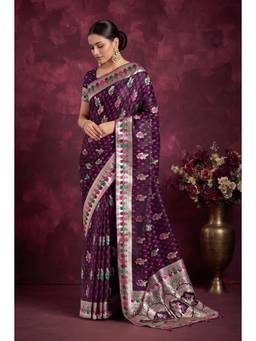 Monjolika Fashion - Dark Wine Zari Woven Soft Banarasi Silk Saree