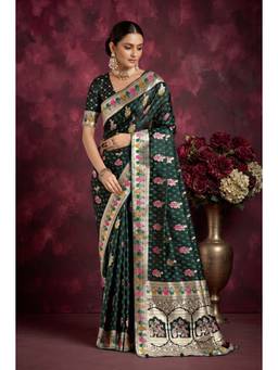 Monjolika Fashion - Dark Green Zari Woven Soft Banarasi Silk Saree