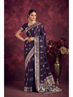 Monjolika Fashion - Dark Purple Zari Woven Soft Banarasi Silk Saree