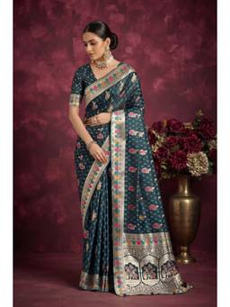 Monjolika Fashion - Teal Zari Woven Soft Banarasi Silk Saree
