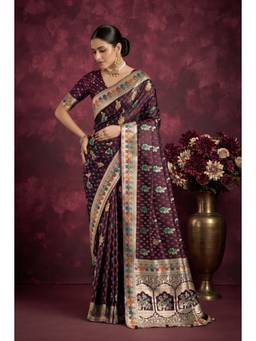 Monjolika Fashion - Dark Maroon Zari Woven Soft Banarasi Silk Saree