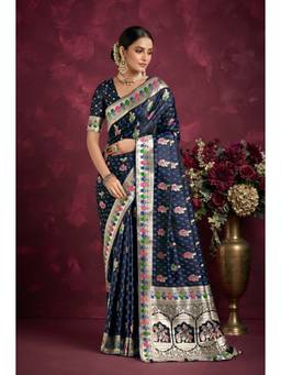 Monjolika Fashion - Navy Blue Zari Woven Soft Banarasi Silk Saree