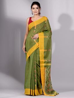 CHARUKRITI - Green Tissue Handwoven Saree with Yellow Border Without Blouse