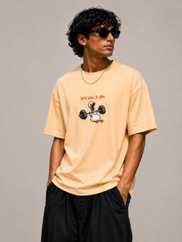 Bene Kleed - Men Beige Oversized Fit Embroidered Half Sleeves T-Shirt