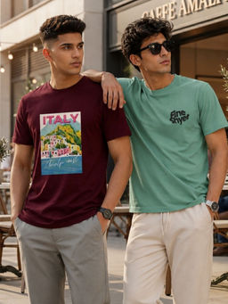 RIGO - Men Casual Printed Crew Neck Cotton T-Shirts (Pack of 2)
