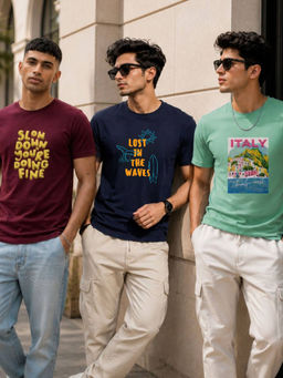 RIGO - Men Casual Printed Crew Neck Cotton T-Shirts (Pack of 3)