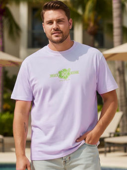 RIGO - Plus Size Men Purple Printed Crew Neck Cotton T-Shirt