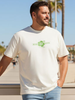 RIGO - Plus Size Men White Printed Crew Neck Cotton T-Shirt