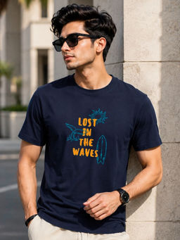 RIGO - Men Navy Blue Crew Neck Cotton T-Shirt