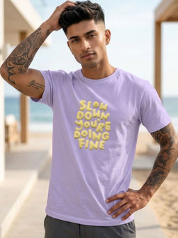 RIGO - Men Purple Crew Neck Cotton T-Shirt