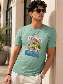 RIGO - Men Green Crew Neck Cotton T-Shirt