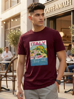 RIGO - Men Maroon Crew Neck Cotton T-Shirt