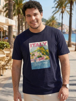 RIGO - Plus Size Men Navy Blue Crew Neck Cotton T-Shirt