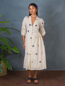Chidiyaa - Sleepy Rainy Ivory Block Printed Dress