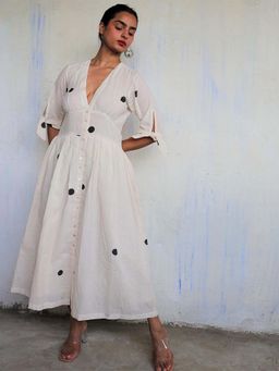 Chidiyaa - Ivory Pure Cotton Polka Dot Dress