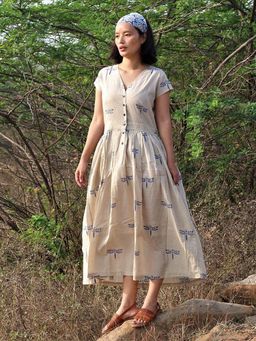 Chidiyaa - Beige Blue Blockprinted Dragonfly Cotton Dress