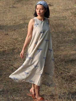 Chidiyaa - Beige Blue Blockprinted Dragonfly Sleeveless Cotton Dress