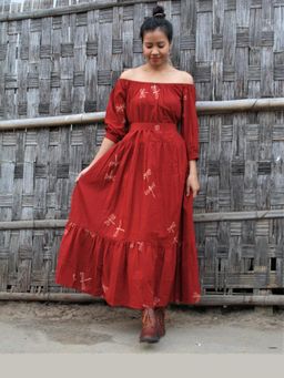 Chidiyaa - Red Dragonfly Blockprinted Offshoulder Cotton Dress