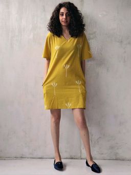 Chidiyaa - Yellow Blockprinted Cotton Shift Dress