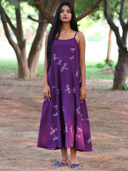 Chidiyaa - Purple Handprinted Pure Cotton Dress