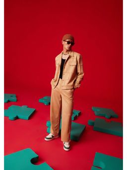 Muvazo - Brown Lycra Solid/Plain Jacket With Pant