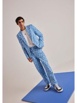 Muvazo - Blue Polyester Printed Jacket With Pant