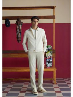 Muvazo - Off White Cotton Solid/Plain Jacket With Pant