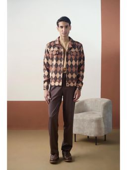 Muvazo - Brown Suede Checks Jacket With Pant