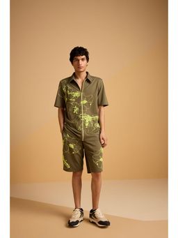 Muvazo - Green Cotton Floral T-Shirt With Shorts