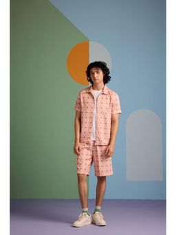 Muvazo - Peach Polyester Geometric Shirt With Shorts