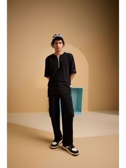 Muvazo - Black Pure Cotton Solid/Plain T-Shirt With Pant