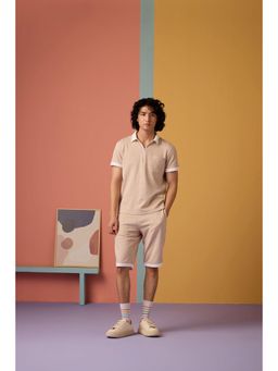 Muvazo - Beige Cotton Textured Tee With Shorts