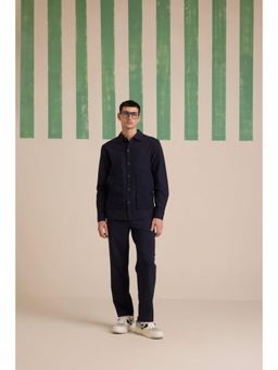 Muvazo - Navy Blue Cotton Blend Solid/Plain Shirt With Pant