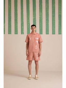 Muvazo - Peach Linen Printed Shirt With Shorts
