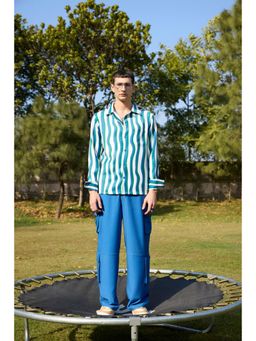 Muvazo - Blue Crepe Stripes Shirt With Pant