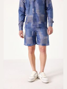 Muvazo - Blue Linen Relaxed Checks Shorts