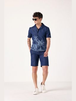 Muvazo - Navy Blue Denim Printed Shirt With Shorts