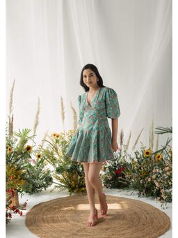 Old Marigold - Leah Printed Cotton Blue Mini Dress