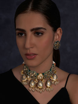 Joules By Radhika - Meenakari Blue and Grey Necklace and Earring with Agate Drops (Set of 2)