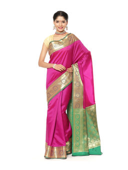Banarasi Silk Works - Magenta Valkalam Katan Silk Anchal Saree with Unstitched Blouse