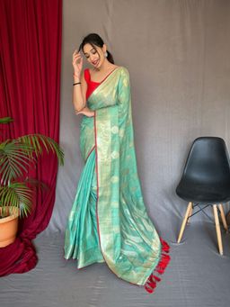 EXCLUSIVA - Green Woven Cotton Linen Saree with Unstitched Blouse