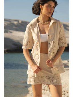 Calling June - Beige Catalina Embroidered Shirt and Skirt Set