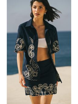 Calling June - Navy Blue Catalina Embroidered Shirt and Skirt Set