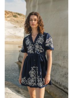 Calling June - Navy Blue Isla Embroidered Mini Dress
