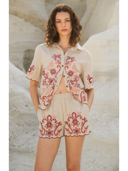 Calling June - Beige Bondi Embroidered Shirt and Shorts Set
