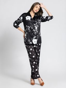 SHAYE - Black Floral Print Casual Shirt & Pant for Women (Set of 2)