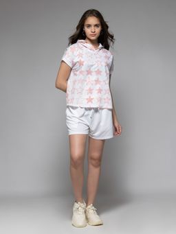 SHAYE - White Printed Terry Knit Casual Hooded Top & Shorts for Women (Set of 2)