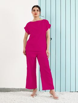 AAREIN - Boat Neck Short Extended Sleeves Pink Co-Ord (Set of 2)