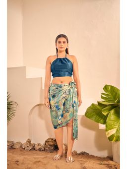 Curvy Lane - Womens Blue Abstract Floral Sarong Halter Neck Blouse (Set of 2)